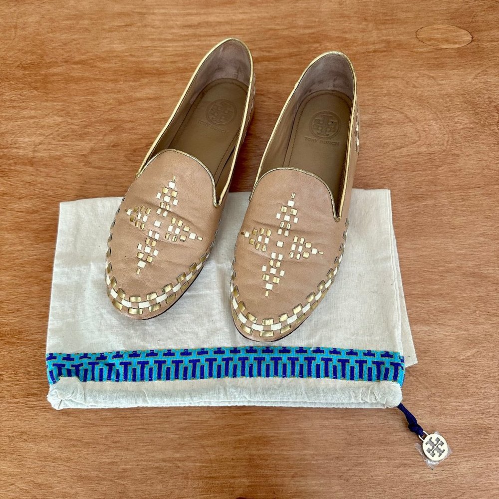 tory burch marlow loafer • tan woven leather • sz 9 • $386